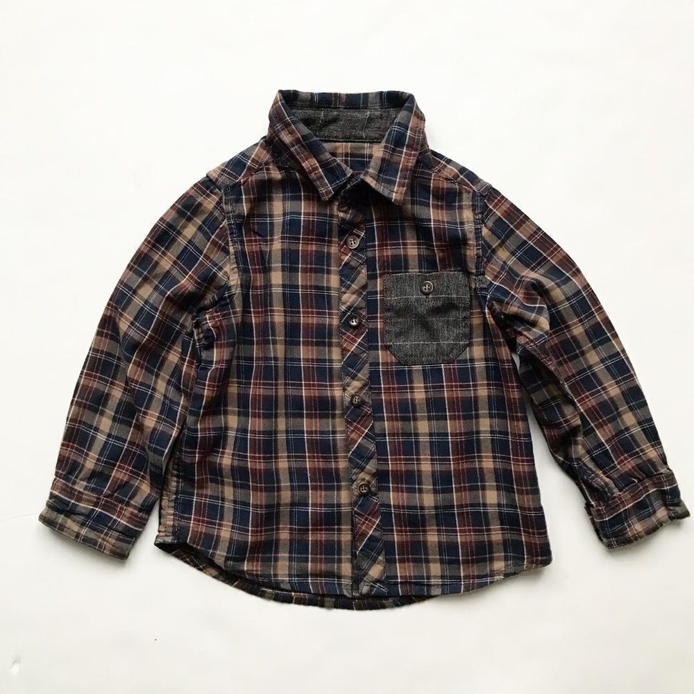 Mothercare brown/navy plaid button up shirt EUC 2-3T
